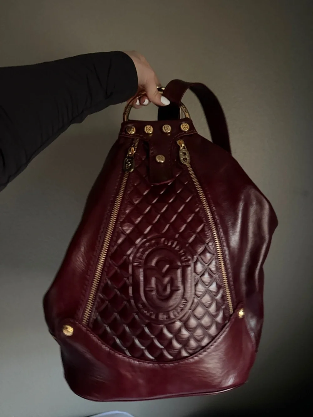 Women's Burgundy Leather Backpack Tote with Quilted Front - Picture 1 of 3